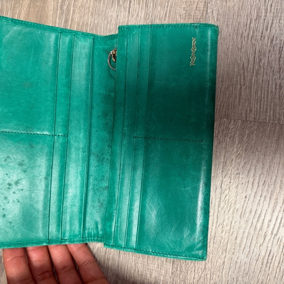 💚 Yves Saint Laurent YSL Green Leather Long Wallet - Picture 2 of 10